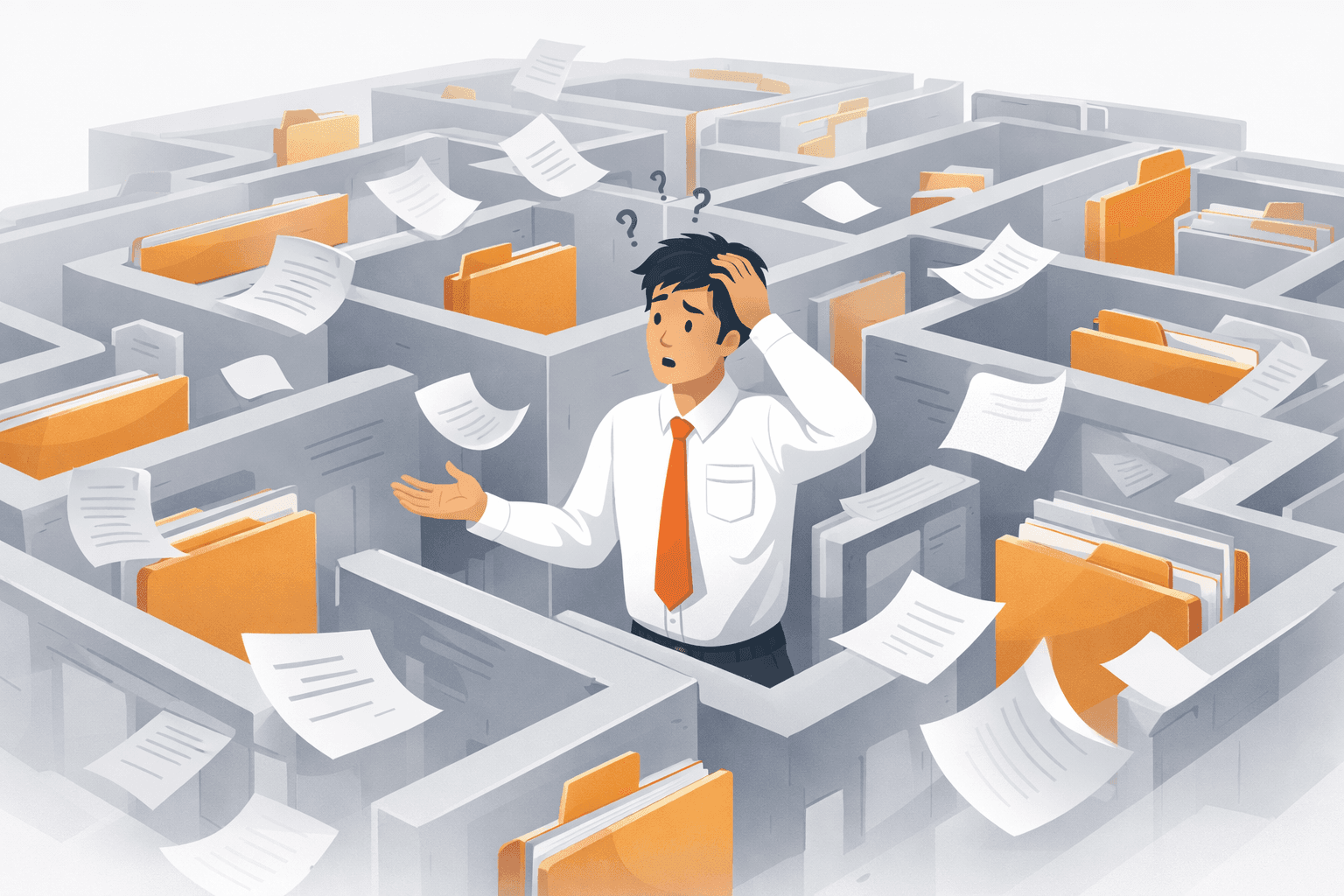 Illustration du problème : un employé perdu dans un labyrinthe de documents