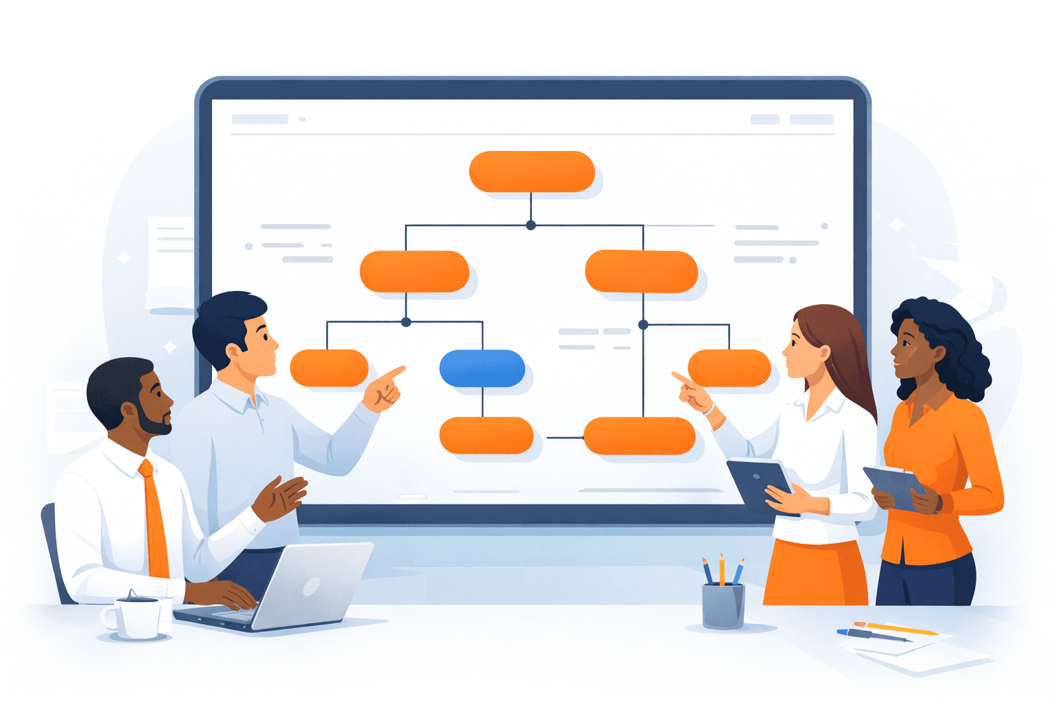 Une équipe visualise et organise ses processus métier sur un tableau interactif